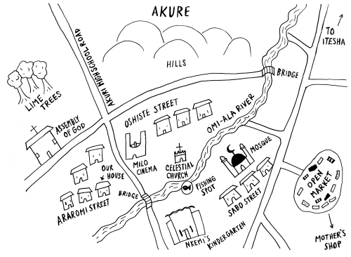 Map of Azure as it appears in the novel, sketched by Benjamin, the narrator